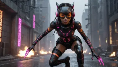 beautiful sexy 24 year old African girl wearing a metal exoskeleton, futuristic technology, pink glow, black girl, ebony girl, model, flat chested, petite body, dystopian, wearing cat ear headphones, tactical gear, tactical boots, wearing a holographic vr headset over her eyes, sunrise in the background, running makeup, face paint under eyes, raining, overcast weather, orange glowing body markings, emo, goth, horror, alien markings all over her body, on a battlefiled, black hair, ponytail, round innocent face, ultra high definition, ruanyi0300, assault, rifle, belt, gloves, goggles, holding, weapon, m4, carbine, mecha, gun, matwaretech, scifi, pixelated, malware, glitch, SentinelsMatrix1024, robot, spider, <lora:SentinelsMatrix1024:.8>