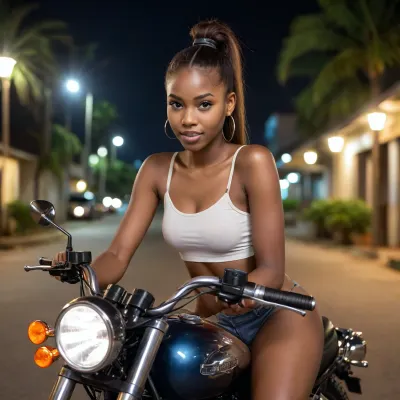 beautiful sexy slender 21 year old African woman posing, riding a motorcycle, Brown eyes, ponytail, 3/4 view, bare legs, tropical night, good hands, perfect fingers