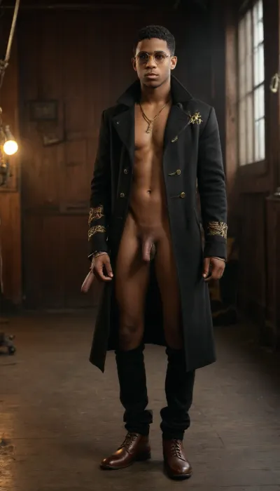 nude young guy, steampunk ambiance, freckles, DARK BROWN skin, SHORT BLACK hair with SMALL BLONDE streaks, full body view, Long open coat with gold embroidery, Aviator glasses on the slingshot, penis, <lora:xpenis-1.5e:.9>