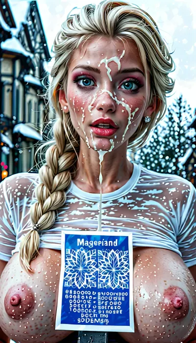 the whole figure is visible, Disney princess Elsa, Scandinavian, long ash-blonde hair, hair up with hair accessory, (white stockings, traditional English lingerie, garter belt:.2), perfect eyes, (kneeling, huge cock, seductive, deep throat, blowjob, huge oral creampie, cum on tits, cum on face:1.8), naughty, excited, enthusiastic, wide eyes and surprised, ruined makeup, porn photoshoot, blushing, The ice castle from cartoon "frozen", On the balcony of the castle, adorned with shimmering snowflakes, In the background, the majestic mountains of Arendelle are visible, blanketed in snow. The atmosphere is serene and magical, capturing the essence of winter wonderland, A gorgeous supermodel woman, (Elsa from “Frozen”, (Elsa FROM FROZEN), wet shirt and massive overflowing chest, she wears a soaking wet white t-shirt, (shirt covers her torso), and her boobs stick to the shirt, the shirt struggles to contain her breasts., (HUGE BREASTS), (LARGEST BREASTS ON EARTH), (enormous breasts), (anime titties), (anime tiddies), (hentai titties), She has big DDD-cup tits. She has beautiful, enormous, and gorgeous sexy big breasts, (soft, squishy, firm breasts), S), he has glistening skin, her skin is pale and white. Her skin is natural and textured. She pushes her massive and soft breasts together to enhance their size. She squishes her breasts together. Her nipples are cute, ((dark skin)), Her tits and soft and beautiful and wet. 4k epic detail, shot on kodak, 35mm photo, sharp focus, high budget, cinemascope, moody, epic, gorgeous, film grain, grainy, score_9, score_8_up, score_7_up, rating, explicit, bmbplora, (woman wearing wet white t-shirt), completely transparent t-shirt