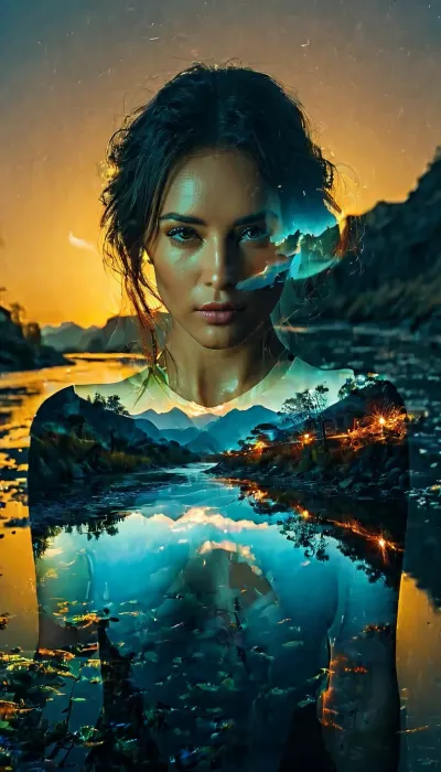 Beautiful woman, (full body), official art, extremely detailed CG unity 8k wallpaper, perfect lighting, Colorful, Bright_Front_face_Lighting, shiny skin, (masterpiece:1), (best_quality:1), ultra high res, 4K, ultra-detailed, photography, 8K, HDR, highres, (vibrant_color:1.2), professional photograph, (full length body), cinematic, great shading, moody lighting, landscape is river with neon lights, ((double exposure:1.5)), Double, Exposure, style, of, <lora:Double_Exposure_5:1>, <lora:add-detail-xl:1>, <lora:Creat0r_MagicDetailzV2_FIX:.8>, <lora:MJ52:.1>