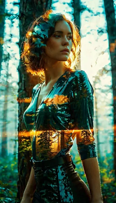 Beautiful woman, full body, official art, extremely detailed CG unity 8k wallpaper, perfect lighting, Colorful, Bright_Front_face_Lighting, shiny skin, (masterpiece:1), (best_quality:1), ultra high res, 4K, ultra-detailed, photography, 8K, HDR, highres, (absurdres:1.2), Kodak portra 400, film grain, lens flare, (vibrant_color:1.2), professional photograph, (full length body), cinematic, great shading, moody lighting, landscape is an forest with neon lights, ((double exposure:1.5)), Double, Exposure, style, of, <lora:Double_Exposure_5:1>, <lora:MJ52:.1>, <lora:add-detail-xl:.8>