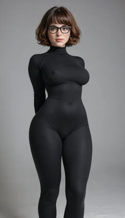masterpiece, award winning photo, high detail, photo realistic, best quality, Velma, in a, (sexy tight brightly leggings outfit:2), 19yo, petite woman, gigantic erect hard nipples, poking nipples, very huge tits, super large huge 80inch breasts, bulging big tits, short dark hair, very deep visible cameltoe, large labia, very wide hips, small waist, big round butt, seductive smile on her face, sexy pose, showing big butt, full body view, MaiLoRa, <lora:JadeTeen_XL-000010:1.4>, <lora:MaiLoRa XL v1.0:2>