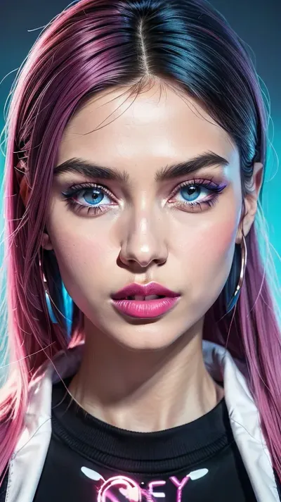 The image is a digital popart illustration of a young woman's face. She has a fair complexion and her hair is styled in a sleek, straight look. Her eyes are a deep blue color and her eyebrows are a lighter shade of blue. She is wearing a pair of pink lipstick and her lips are painted a soft pink. The background of the image is black, and the word "DENT" is written in white at the top. Below the word, there is a text that reads "Frame NDGIT" in a playful font. On the right side of the illustration, there are various icons and text that appear to be related to the game, such as a star, a heart, and a magnifying glass. The overall color scheme is bright and vibrant, with shades of pink, purple, and blue