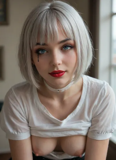 Emo girl, girl 25 years old, silver hair, (bob cut with bangs:1.5), smile, Blue eyes, goth girl, goth makeup, red lipstick, cat eye makeup, smudged makeup, erect nipples, juliet sleeves, white choker, gold jewelry, down blouse, loose shirt, nipples, leaning forward, bending over, front view, looking at viewer, warm smile, without the lower part of the clothing