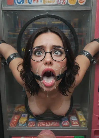 (40 years adult), (black Nigerian beauty:1.8), (woman is stuck with her hips in a round hole with metal rim in a vending machine), (her bust is protruding from a round hole in the front of the vending machine:1.5), (stuck in hole with metal rim:1.3), (vending machine at night, slot for payment), (wide mouth spreader ring gag, gaping mouth:1.5), (leaning forward), (embarrassed, ashamed), (pleading expression:1.2), (terrified:1.6), (crying), (fear and panic:1.2), (box is low mounted, close to floor), (score_9, score_8_up, score_7_up, UHD 8K, masterpiece, best quality, maximum details, natural light, extreme realism, cinematic still), (huge penis:1.4), (she stares at erect penis in front of her face:1.3), (POV from above, she is looking up to viewer, submissive), (POV man standing and looking down, man stroking his big dick:1.1), (arms restrained to wall), (her arms left and right flat against the wall, multiple iron rings fixing her stretched arms against the wall:1.5), (POV standing man, looking down on her:1.2), (mouth wide open), (glasses, wearing spectacles:1.4), (tan lines), (iron rings restrain her arms to vending machine), (her arms are spread eagle against vending machine:1.8), (arms restrained with iron rings:1.8), (free-standing vending machine), (her face is covered in cum:1.6), (cum in her mouth:1.1), (bukkake, facial:1.3), (transparent liquid:1.2), (realistic cum), (wet face:1.2), (oily skin:1.5), (stuck with hips in a round hole with metal rim:1.6), (black hair:1.5), (eyes wide open in horror:1.3), (her mouth serves only one purpose), (she's got a new job, she's a public cum dumpster), (pink glossy lips:1.3), (shocking pink lips, pink lipstick:1.5), (eerie lighting:1.3), (smeared lipstick:1.3)