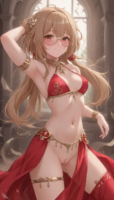 klee, genshin, strong blush, golden thin round glasses, long hair, micro belly dancer outfit, dancing, horny smile, pussy visible, <lora:outline_xl_kohaku_delta_spv5x:1.3>, <lora:NEOTOKIOXL_0.2_RC:.7>, <lora:Ppolar-P3v1-NbVp10:.7>, <lora:one breast out XL:2>, <lora:cartoon_stickers_xl_v1:.5>
