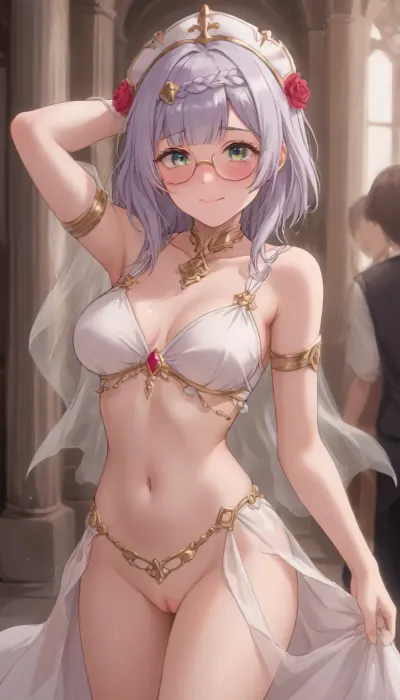genshin, noelle, strong blush, golden thin round glasses, long hair, micro belly dancer outfit, dancing, horny smile, pussy visible, <lora:outline_xl_kohaku_delta_spv5x:1.3>, <lora:NEOTOKIOXL_0.2_RC:.7>, <lora:Ppolar-P3v1-NbVp10:.7>, <lora:one breast out XL:2>, <lora:cartoon_stickers_xl_v1:.5>