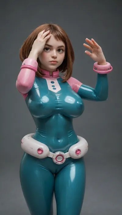 (((ochako uraraka from my hero academia))), fighting pose, transparent latex hero suit, extremely puffy pussy, massive breasts, abs, ((gigantic erect nipples)), big ass, wide hips, ((determined look on face)), perfect eyes, perfect face, perfect anatomy, Uravity, <lora:ClearHand-V2:1.5>, <lora:SDXLHighDetail_v6-000005:2>