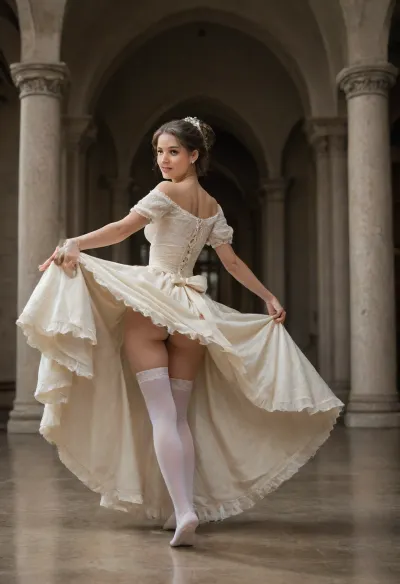 A cinematic photograph captures a young woman in a delicate white princess dress, standing amidst a dreamlike bloom. Soft, ethereal lighting bathes her in a warm glow, accentuating her coy smile and flowing, cascading chestnut hair. The hair is voluminous and пышная, with a small fringe adding a touch of youthfulness to her regal appearance. The full-body shot reveals her in a sultry, regal pose within a majestic throne room, where every detail is meticulously crafted., (((She is dancing, rotating so fast, so her dress is lifted high up, shows her legs, white stockings and hairy pubic:1.1))), .

Her gaze meets the viewer's with a captivating intensity, creating an immediate, mesmerizing connection. Delicate ribbon and bow details adorn her, enhancing the fairy tale aesthetic and adding a touch of whimsical elegance. This 35mm film photograph, shot in 4K resolution, is rich with bokeh and highly detailed, capturing every nuance with stunning clarity. Professional editing has been applied to ensure a polished, refined, and artistically compelling result, making it a true masterpiece of cinematic photography., victorian, dress, <lora:victorian_dress-XL-2.0:.9>, LIFT, UP, DRESS, CURTSEY, FROM, BELOW, BACK, <lora:Lift Up Dress:1.1>