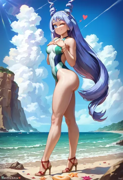 Nejire hado my hero academia, beach sunset, side view, full body view, swimsuit, thick ass, big butt, long legs, hands on chest, winking eye, hearts
