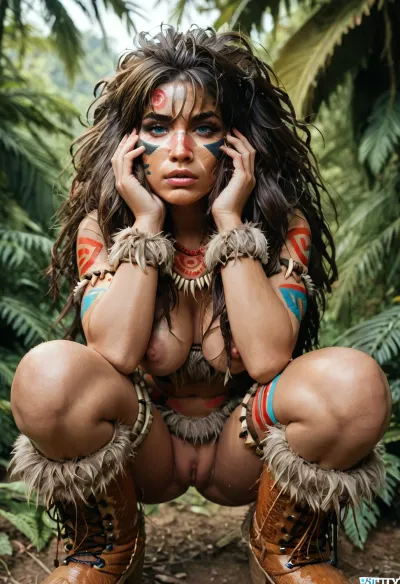 in a jungle, (close up face:1.7), (powerful 20yo brunette model:1.2), (beast fur cavewoman outfit, tribal tattoo, beast fur boots:1.5), (extremely long messy hair:1.3), squatting, front view, slim body, (round firm ass:1.2), beautiful blue eyes, looking at the viewer, (bratty expression:1.3), exposed breasts, (big natural breasts:1), (holding rusty chain:1.3), exposed pussy, (hairy pussy:1.1), <lora:add-detail-xl:1>, <lora:sunnyrayyxo_v1_SDXLBase:.7>