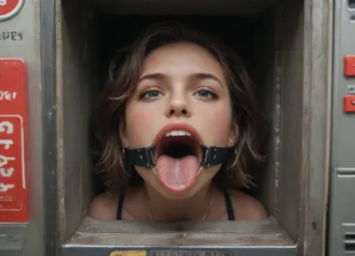 (woman is stuck with her hips in a round hole with metal rim in a vending machine), (her bust and hands are protruding from round holes in the front of the vending machine), (score_9, score_8_up, score_7_up, UHD 8K, masterpiece, best quality, maximum details, natural light, extreme realism, cinematic still), (very happy), (her hands are protruding from holes:1.3), (stuck in hole with metal rim), (wide mouth spreader ring gag, gaping mouth:1.5), (leaning forward), (box is low mounted, close to floor), (huge penis), (she stares at erect penis in front of her face)