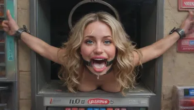 (40 years adult), (very happy:1.5), (she hold her thumbs up:1.5), (woman is stuck with her hips in a round hole with metal rim in a vending machine), (her bust is protruding from a round hole in the front of the vending machine:1.5), (stuck in hole with metal rim:1.3), (vending machine at night, slot for payment), (wide mouth spreader ring gag, gaping mouth:1.5), (leaning forward), (wide smile:1.5), (she needs it, pleading expression:1.2), (box is low mounted, close to floor), (score_9, score_8_up, score_7_up, UHD 8K, masterpiece, best quality, maximum details, natural light, extreme realism, cinematic still), (huge penis:1.4), (she stares at erect penis in front of her face:1.3), (POV from above, she is looking up to viewer, submissive), (POV man standing and looking down, man stroking his big dick:1.1), (arms restrained to wall), (her arms left and right flat against the wall, multiple iron rings fixing her stretched arms against the wall:1.5), (POV standing man, looking down on her:1.2), (mouth wide open), (dirty blonde Swedish woman, freckles, tanned), (tan lines), (iron rings restrain her arms to vending machine), (her arms are spread eagle against vending machine:1.8), (arms restrained with iron rings:1.8), (free-standing vending machine), (her face is covered in cum:1.6), (cum in her mouth:1.1), (bukkake, facial:1.3), (freckles, skin impurities), (transparent liquid:1.2), (realistic cum), (wet face:1.2), (oily skin:1.5), (stuck with hips in a round hole with metal rim:1.6), (long blonde hair, elegantly styled hair, long wavy hair:1.5), (eyes wide open in awe:1.3), (her mouth serves only one purpose), (she's got a new job, she's a public cum dumpster), (pink glossy lips:1.3), (shocking pink lips, pink lipstick:1.5), (eerie lighting:1.3), (smeared lipstick:1.3), (thick bimbo botox lips:1.5)
