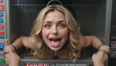 (40 years adult), (very happy:1.5), (she hold her thumbs up:1.5), (woman is stuck with her hips in a round hole with metal rim in a vending machine), (her bust is protruding from a round hole in the front of the vending machine:1.5), (stuck in hole with metal rim:1.3), (vending machine at night, slot for payment), (wide mouth spreader ring gag, gaping mouth:1.5), (leaning forward), (wide smile:1.5), (she needs it, pleading expression:1.2), (box is low mounted, close to floor), (score_9, score_8_up, score_7_up, UHD 8K, masterpiece, best quality, maximum details, natural light, extreme realism, cinematic still), (huge penis:1.4), (she stares at erect penis in front of her face:1.3), (POV from above, she is looking up to viewer, submissive), (POV man standing and looking down, man stroking his big dick:1.1), (arms restrained to wall), (her arms left and right flat against the wall, multiple iron rings fixing her stretched arms against the wall:1.5), (POV standing man, looking down on her:1.2), (mouth wide open), (dirty blonde Swedish woman, freckles, tanned), (tan lines), (iron rings restrain her arms to vending machine), (her arms are spread eagle against vending machine:1.8), (arms restrained with iron rings:1.8), (free-standing vending machine), (her face is covered in cum:1.6), (cum in her mouth:1.1), (bukkake, facial:1.3), (freckles, skin impurities), (transparent liquid:1.2), (realistic cum), (wet face:1.2), (oily skin:1.5), (stuck with hips in a round hole with metal rim:1.6), (long blonde hair, elegantly styled hair, long wavy hair:1.5), (eyes wide open in awe:1.3), (her mouth serves only one purpose), (she's got a new job, she's a public cum dumpster), (pink glossy lips:1.3), (shocking pink lips, pink lipstick:1.5), (eerie lighting:1.3), (smeared lipstick:1.3), (thick bimbo botox lips:1.5)