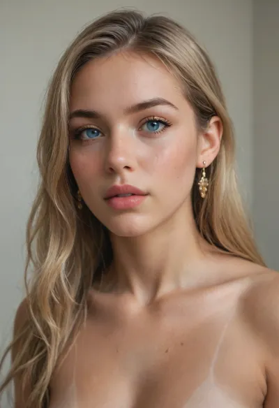 woman, 18 year old, Nude, blonde, sweet, tan lines, sunburnt, stunning blue eyes, always horny, athletic, big round ass, perfect face shape, beautiful lips, straight hair, body view, naturally beautiful, really athletic, earrings, huge boobs, super big boobs, long hair