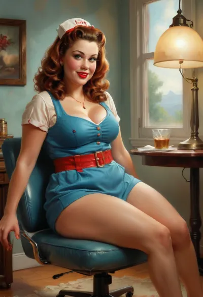 A pin-up style illustration of a young obese overweight, curve woman with a mid-20th century retro aesthetic. Full length. She has large expressive eyes, golden skin, soft wavy black elemental hair in a 1950s hairstyle, and a cheerful or playful expression., Soft bright dim moody lighting, cinematic photo, Cyberpunk, A curvy bbw, fat, chubby, belly, nurse sits in an genicological chair on hospital and watches porn on a laptop and masturbates with a vibrator with her legs spread wide, side view, bright day, ring lamp, ((white disheveled hair)), (holding a vibrator in her hand between her legs:.8), legs spread, masturbation vibrator dreaming of sex, romance, film, bokeh, professional, 8k, highly detailed, She Pissed herself during orgasm, . Illustration is rendered in traditional pin-up painting style, (like Gil Elvgren), with warm tones and gentle shading, sagging, fire, elemental, style, of, Art, Frahm, denim, matte, shiny, inflatable, <lora:sagging-000015:2>, <lora:RPGFireElementalXL:1.5>, <lora:tbh210-sdxl:1.5>
