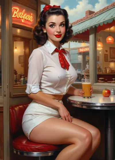 A pin-up style illustration of a young woman with a mid-20th century retro aesthetic. Full length. She has large expressive eyes, white skin, soft wavy fire elemental hair in a 1950s hairstyle, and a cheerful or playful expression.1 girl, 18 years, caucasian, 2 men, (guest 1), (guest 2), both 40 years, best quality, ultra-detailed, masterpiece, finely detailed, highres, 8k wallpaper, girl is a french waitress, black hair, updo hairstyle, ((fully dressed)), waitress uniform, white blouse, black leather mini skirt, slim body, (full body view), very large breasts, working in street cafe in Paris, outdoors, people in backgroud sitting at tables, waitress is bending forward, looking away from camera, view from behind, pose squatting, bendover very far, ((display whole scene as described)), the skirt is covering upper ass, asshole is barely visible, no bra, no panties., (e.g. post-apocalyptic wasteland), . Illustration is rendered in traditional pin-up painting style, (like Gil Elvgren), with warm tones and gentle shading, sagging, style, of, Art, Frahm, <lora:sagging-000015:2>, <lora:tbh210-sdxl:1.5>