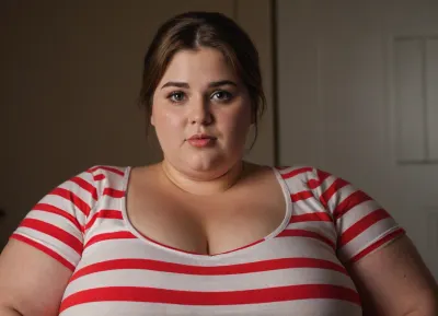 (ssbbw), sptriped t-shirt, white T with red stripes, cotton fabric texture, curvy define body, (breast bulge), ((enormous huge bust)), (massive bosom:1.1), wide standing eyes, wide cheekbones, strong jawline, light brown hair, pixie haircut, circular face, wide jawline, (strong fat arms), fat neck, fat shoulders, chubby face, soft smile, relaxed