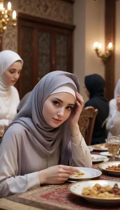 blowjob in front of Ramadan table, hijab girls sitting, pale skin, <lora:detailed_notrigger:1.5>