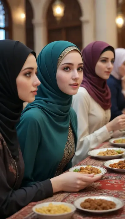 blowjob in front of Ramadan table, hijab girls sitting, pale skin, <lora:detailed_notrigger:1.5>