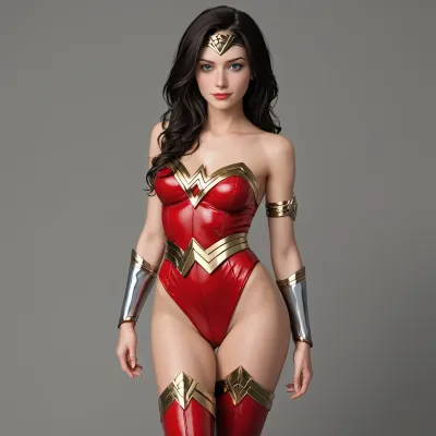A flirty, confident Wonder Woman in a sleek, form-fitting bodysuit version of her iconic costume. The bodysuit is a seamless one-piece, deep, glossy red on the upper half with a gold eagle chest emblem sculpted to her curves, transitioning into dark navy blue on the lower half with subtle silver stars along the hips. Gold piping outlines her figure, emphasizing her waist and shoulders. The neckline is a tasteful but daring plunge, shaped like a sweetheart cut, with gold trim. She wears long silver bracers, a golden tiara with a red star, and glossy red thigh-high boots with gold edges. Her Lasso of Truth is coiled at her hip or lightly gripped in one hand, glowing faintly. Her expression is playful and alluring — lips curled into a flirty smirk, eyes locked confidently forward. Her long, dark hair flows in loose waves over one shoulder. Pose is dynamic, one hip slightly popped, hand on thigh or tousling her hair. Background is minimal or softly blurred to keep attention on her.