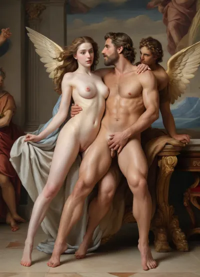 (((In the style of a Renaissance painting))), the Greek god Zeus fucking the Greek goddess Hera, legs spread wide, passion, orgasm, big boobs, penetration, dramatic, beautiful, erotic