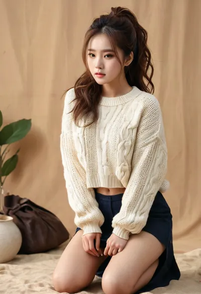 ((Bae Joo Hyun woman)), ((messy hairstyle)), ((18 years old)), ((high detailed body)), ((high detailed clothes)), (photorealistic:1.4), Best quality, masterpiece, ultra high res, sweater, bottomless, kneeling, small ass