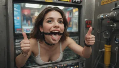 (woman is stuck with her hips in a round hole with metal rim in an arcade machine on a busy street, wearing a mouth spreader), (wide metal box), (her arms are fully stretched out to the sides), (arms restrained in contraption:1.2), (wide angle, full machine in picture:1.1), (bustling street, passersby:1.3), (wide smile, obsessive:1.3), (her arms are fixated in machine, she shows thumbs up:1.5), (score_9, score_8_up, score_7_up, UHD 8K, masterpiece, best quality, maximum details, natural light, extreme realism, cinematic still), (very happy), (her hands are protruding from holes:1.3), (stuck in hole with metal rim), (wide mouth spreader ring gag, gaping mouth:1.5), (leaning forward), (huge penis), (she stares at erect penis in front of her face:1.3), (cum on her face, bukkake:1.3)