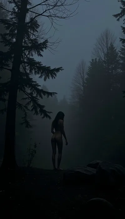 Dark mysterious landscape, through silhouettes of it's trees and rocks there are outlines of nude female body.