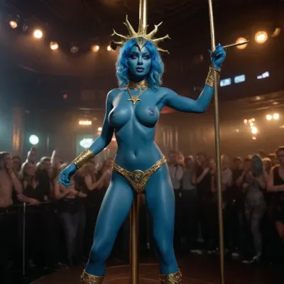 1 girl full body nude green girl, (blue skin:1.6), standing, medusa, big head. large breasts, slave collar, golden bracelets, golden nipple rings, dancing at a golden thigh high latex boots, dance at a pole on stage in a crowded alien nightclub