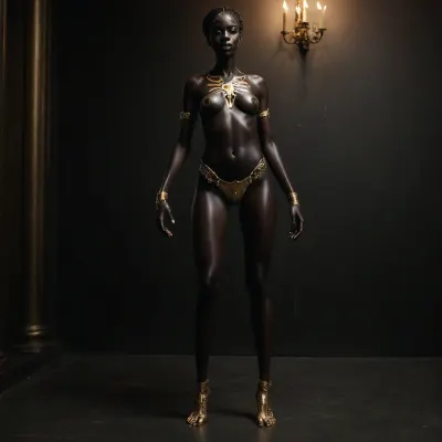full body nude black girl, (black skin:1.6), standing, extremely tall about 7 feat high, slim, extreme long legs, small firm breasts, golden breast plates, white facepaint showing a skull, large emerald in navel. sprading legs wide, presenting wet pussy, showing pink
