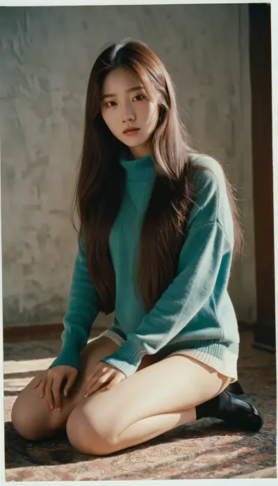 1980s, polaroid, ((Bae Joo Hyun)), ((long hair)), ((18 years old)), ((high detailed body)), ((high detailed clothes)), sweater, bottomless, kneeling, small ass, skinny legs
