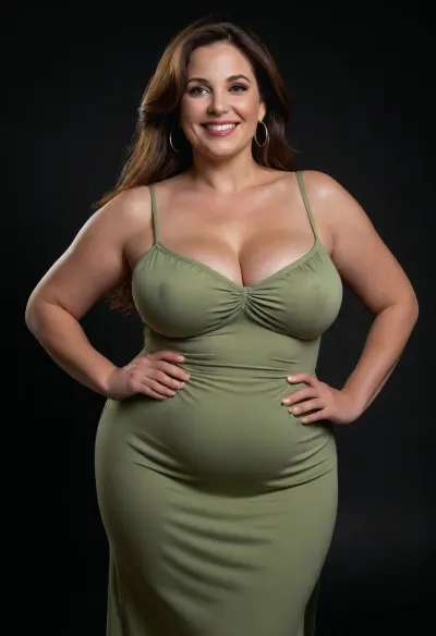 3/4 side view, Curvy gilf, looking at viewer, eye contact, portrait photo a ssbbw mature 60 year old woman, wearing a v-neck sleeveless spaghetti strap light green maxidress, hourglass figure, wide, huge hips, large waist, narrow waist, thick, thighs, saddlebags, round face, chubby cheeks, wrinkles, flushed cheeks, double chin, big eyes, long hair, brunette hair with highlights, medium hair, big smile, mouth open, lips parted, big lips, teeth showing, perfect teeth, joyful smile, (solid blank black background), pokies, hoop earrings, (wrinkles), sagging, breasts, apart, hard nipples, huge ass