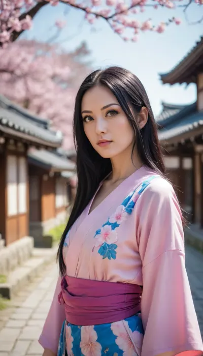 30-year-old Nico Robin from one piece, with long black hair, fair skin, blue eyes, on wano country street, Surrounded by Japanese traditional style architectural buildings, sakura trees, bright sun lighting, striking facein photo 8k, photos taken by hasselblad + incredibly detailed, sharpen, details + professional lighting, photography lighting + 50mm, 80mm, 100m + lightroom gallery + behance photographies + unsplash