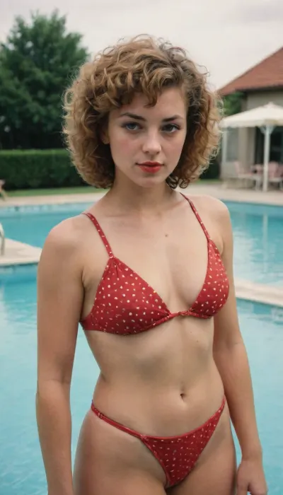 1980s, retro fashion, Woman, short hair, (curly hair1:1.5), red lipstick, blond, makeup, rosy cheeks, small hair, bikini, german, pool location, analog, AnalogRedmAF, <lora:AnalogRedmondV2-Analog-AnalogRedmAF:.9>