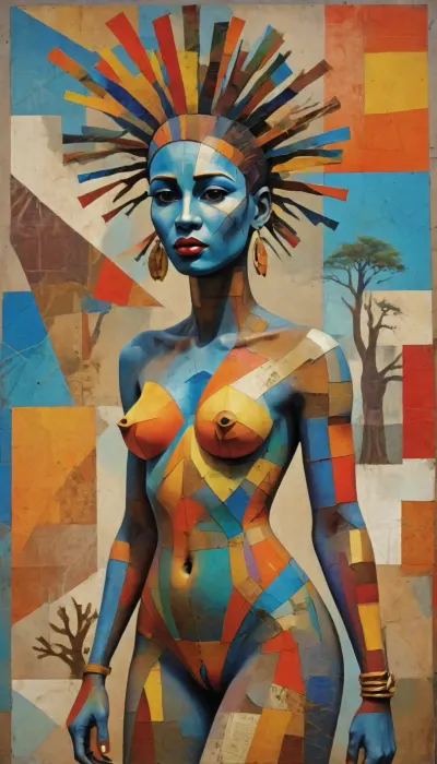 (Bright vivid colors:1.6), Avant-garde painting of nude Senegal princess leaning to the tree, fractured geometric face, crown of deconstructed fishing nets, golden tooth amulets, body composed from Dakar city map fragments, traditional ndorr patterns reimagined, indigo batik blues color palette, searing terracotta reds, solarized gold leafs, collage of sand, recycled metal, plastic digital glitches, visible brushstrokes, giant baobab tree with roots on background, Afrofuturist manifesto meets Soviet constructivism, revolutionary aesthetics, x-ray, deconstructed, abstract, surreal, mixed, media, outsider-art, avant-garde, punk, style, (gu, zhang, feng\), ral-vbrntacyl, cubsimart, painting, <lora:751939_training_data:1.3>, <lora:DeconDada++:1.3>, <lora:ral-vbrntacyl-sdxl:.8>, <lora:CubismArt:1.3>