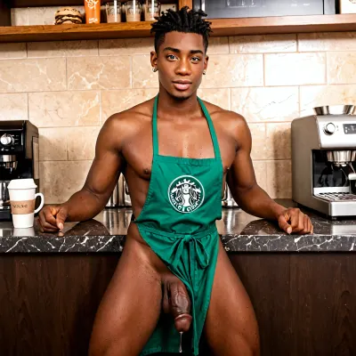 A hyper-detailed 4K UHD digital illustration of a coffee shop interior. 1women, 40 year old, brown-skinned woman fully nude, only wearing a green apron is kneeling on the floor, nip slip, large brown aerolas, side boob, holding a coffee cup up with both hands. Standing above her is a man, 1man, brown-skinned, dad build, nude, large erection, large cock, cum pouring from his cock into the coffee cup — pouring hot cum from his dick into the cup. The setting is cozy and realistic, with coffee shop details like wooden counters, pastries in the background, soft lighting, and steam rising from the coffee. Emphasize realism, texture, and depth., penis