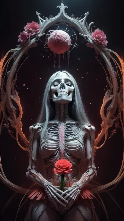 A Macabre and Surreal Illustration of a woman in light pastels depicts a skeletal figure adorned with elaborate floral arrangements that blend elements of the Gothic and Symbolist art movements. Meticulously detailed. Strong contrast between the organic and inorganic. A somber and timeless atmosphere with a hint of nostalgia and history. The light source comes from the front and casts subtle shadows that enhance the three-dimensionality of the bones and flowers. The floral elements are rendered with great attention to detail, their soft petals contrasting with the sharp, angular lines of the skeleton. The flowers add a romantic touch to the work. The texture is smooth with delicate, precise lines and a polished finish. Masterful blend of horror and beauty. Provokes reflection on the transience of life and the inevitability of death.. romantic sunset, red, smoke, colorful and vibrant, mystical colors, iridescent perspective view, sweeping circling composition, non-representational, colors and shapes, expression of feelings, imaginative, long shadows, dreamy mood, detailed photo, photorealistic photo, realistic pretty women photo, realistic night vision, soft fokus, parallax, overexposure, photo style, she kneels, cinematic, filmic, scribbled lines, surrender, polychromatic, diffuse, #©KITTYART
