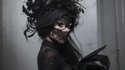 An oil painting in bright pastels of a woman with an elaborate, gothic-inspired theme. She is shown from the shoulders up, with her face partially obscured by an ornate masquerade mask. The mask is highly detailed, featuring intricate, symmetrical designs with floral and baroque patterns, giving it a baroque and gothic feel. The woman's lips are painted a deep, dark color. Her hair is styled in an elegant updo, adorned with a crown of large, artificial white flowers, adding a touch of contrast and softness to the otherwise dark and dramatic scene. The background is a richly textured floral pattern, enhancing the baroque theme of the mask and flowers. The lighting is soft yet focused, highlighting the contours of her face and the textures of the mask and flowers, creating a dramatic and mysterious atmosphere. The overall composition is striking, with a strong contrast between the dark elements of the mask and lips and the lighter, softer elements of the flowers and background. The photograph captures a blend of elegance and gothic mystery. #©KITTYART