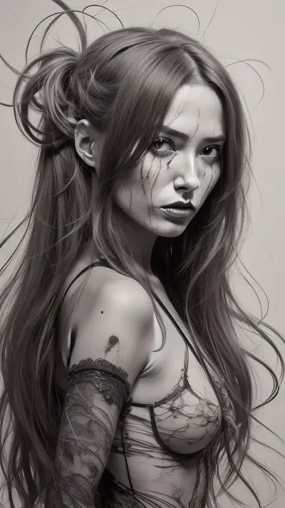 a coquettish adult woman with a very long hair, chaotic blood, scribbled lines, surrender, polychromatic, anthropomorphic, humanoid, diffuse subsurface scattering, #KITTYART



























#KITTYART