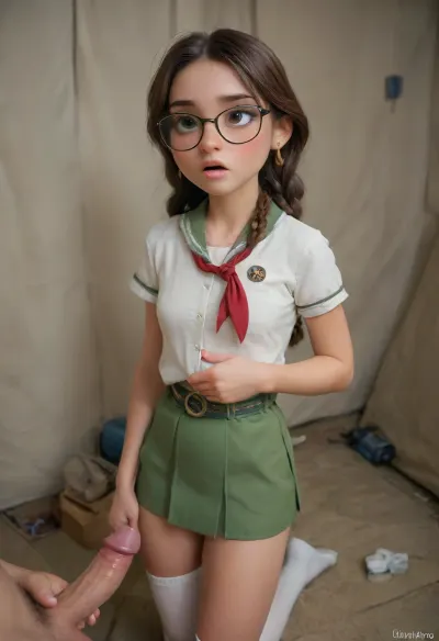 Beautiful girl with glasses stroking a big dick, cute innocent face, 19 yo, very skinny, very very petite. Long hair with Blue hairpiece, ((Brown hair in braids)), ((A traditional American GirlScout uniform with a short-sleeved white blouse paired with a green skirt. Over the blouse, she wears a green sash. The sash is decorated with a variety of badges and patches. A neckerchief is worn around the collar, secured with a small slide or knot, and white socks and simple shoes complete the look.)), White blouse pulled open to reveal her cute little perky tits, small, (1.5), little, with flat breasts, big boobs, literary, brown eyes, big eyes, body ordinary, ((in a camping tent with green canvas walls)), she jerks off, drooling, she looks at the camera, focus on her, face orgasm, sucking, Object, gd, erection, sex, toy, penis, large, <lora:cockteaseLoRASDXL:.8>, <lora:ahxl_v1:.8>, <lora:Penis_XL:1.5>, <lora:ChrisSanderNov2023:.2>, <lora:Samaritan 3d Cartoon SDXL:.3>
