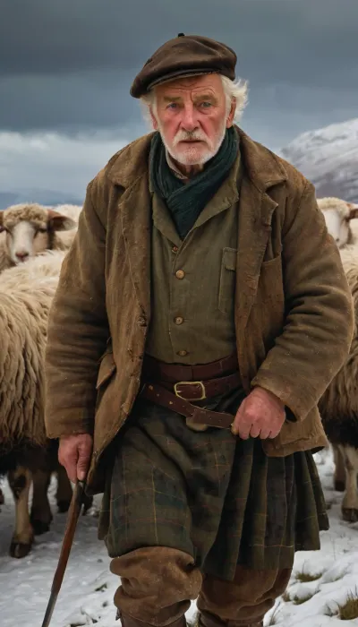 Painting of a proud Scottish mercenary 70 yo, in the Scottish highlands, (in winter:1.2), shepherds sheep, William McTaggart Style, Oil Painted Poetry, head over the shoulder, dancing, face visible, Cinematic, dramatic, <lora:William McTaggart Style:1>