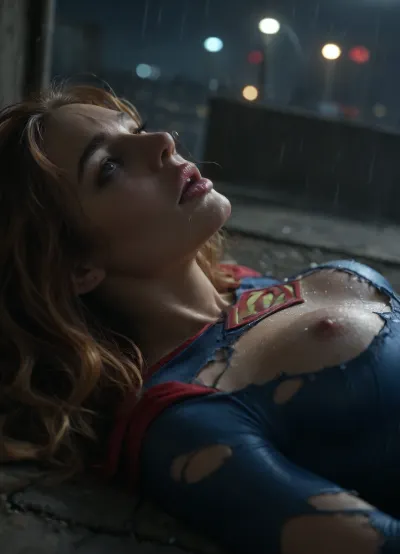 RAW image, Canon EOS R3, DSLR photo, 8k, best quality, (masterpiece:1.1), (realistic, photo-realistic:1.2), ultra high res, ((muscular), (fit and muscular)), backlight, (18 year old woman, redhead, beautiful), (woman's face post-orgasm:1.2), (close view of face:1.3), (wet hair), rain, ((rainy weather)), a dark raining city rooftop, ((rooftop)), ((toned shiny sexy supergirl, full-body catsuit)), (shiny catsuit), (ultra-thin catsuit material), (red platform boots), (on back with legs spread on a dark Skyscraper roof), sprawled on back, (head turned and laying on the ground), (body arched over broken and crushed metal rooftoop air-conditioner), (broken rooftop pieces laying around), (lying on top of wreckage), (side view near face), (mouth hanging open, vacant stare, eye roll:1.3), (watery cum is flowing from the pussy:1), (magically glowing blue cum:1), jizzed, ((night, rain)), (torn clothes, revealing clothes:1.2), <lora:BUT_SDXL_SHS:.6>, <lora:add-detail-xl:.6>, <lora:DetailedEyes_V3:.5>, <lora:dark:.3>
