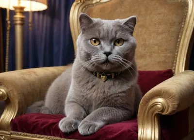 A Scottish cat lies proudly on the royal velvet throne, golden collar, aleksA4, <lora:aleksA4sdxl_128_64:.8>