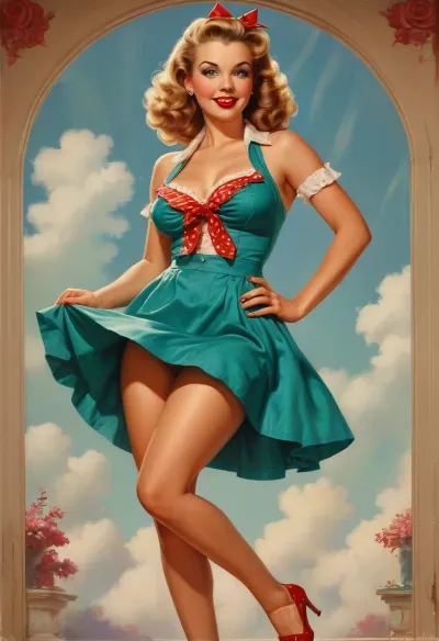 A pin-up illustration depicting a young woman in a retro style from the mid-20th century.She is depicted in full height. She has large, expressive eyes, fair skin, soft, wavy hair in a 1950s hairstyle, and a cheerful or playful expression on her face, . Woman Show her body, The illustration is made in the traditional pin-up style, (like by Gil Elvgren), with warm tones and gentle shading, sagging, style, of, Art, Frame, <lora:sagging-000015:2>, <lora:tbh210-sdxl:1.5>