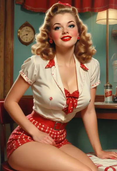 A pin-up illustration depicting a young woman in a retro style from the mid-20th century. She is depicted in full height. She has large, expressive eyes, fair skin, soft, wavy hair in a 1950s hairstyle, and a cheerful or playful expression on her face, . The illustration is made in the traditional pin-up style, (like by Gil Elvgren), with warm tones and gentle shading, sagging, style, of, Art, Frame, <lora:sagging-000015:2>, <lora:tbh210-sdxl:1.5>