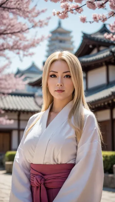 50-year-old tsunade from Naruto, with long blonde hair, fair skin, gigantic rounded tits, on Konoha country street, Surrounded by Japanese traditional style architectural buildings, sakura trees, bright sun lighting, striking facein photo 8k, photos taken by hasselblad + incredibly detailed, sharpen, details + professional lighting, photography lighting + 50mm, 80mm, 100m + lightroom gallery + behance photographies + unsplash