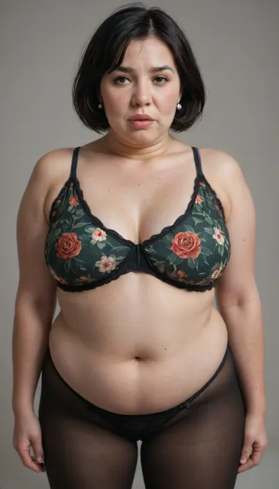 (standing up legs apart), (ugly:1.6), Obese bbw young woman 24 years old, (short:1.4), (pale skin:1.4), (slutty:1.4), (young:1.4), (thin eyebrows), (thin face), (thin lips:1.4), (dark black hair:1.5), (very straight black short bob style hair), (big brown eyes), (fat chin:1.3), with a large buxom build is wearing a short green floral dress and, (black pantyhose), ., panties, plump, skindentation, chubby, bbw, venus, body, <lora:Chubby BBW - XL:1.3>