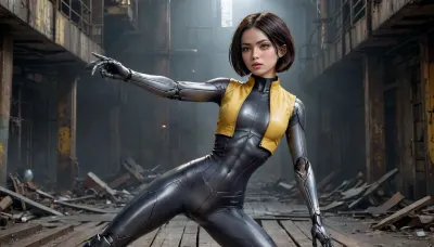 Alita. The image shows a cyborg girl in a fighting pose, located in an abandoned industrial site. The girl has a flat chest and narrow hips. The girl, with a short black haircut, is dressed in a black tight-fitting suit with a yellow jacket. Her left hand, with which she pushes off the wooden boards, has a metal prosthesis. In her right hand, she holds a weapon similar to a wide knife with serrated edges. The girl's face expresses tension and determination.

The background is a dark industrial landscape with massive buildings and broken structures. A large mechanical hand with sharp claws is visible on the right side of the image. Debris and debris are scattered on the ground, including parts of robots and mechanisms. In the distance, an illuminated building is visible, providing the only source of light in the background. The color scheme of the image is predominantly dark, with a predominance of blue and gray shades, which creates a gloomy and tense atmosphere., flat, chested, Alita, <lora:SDXL_BetterFaces-LoRA_v1:.8>, <lora:flat_chested_v3.5:.8>, 4lit4, <lora:Alita_SDXL_v2:.8>